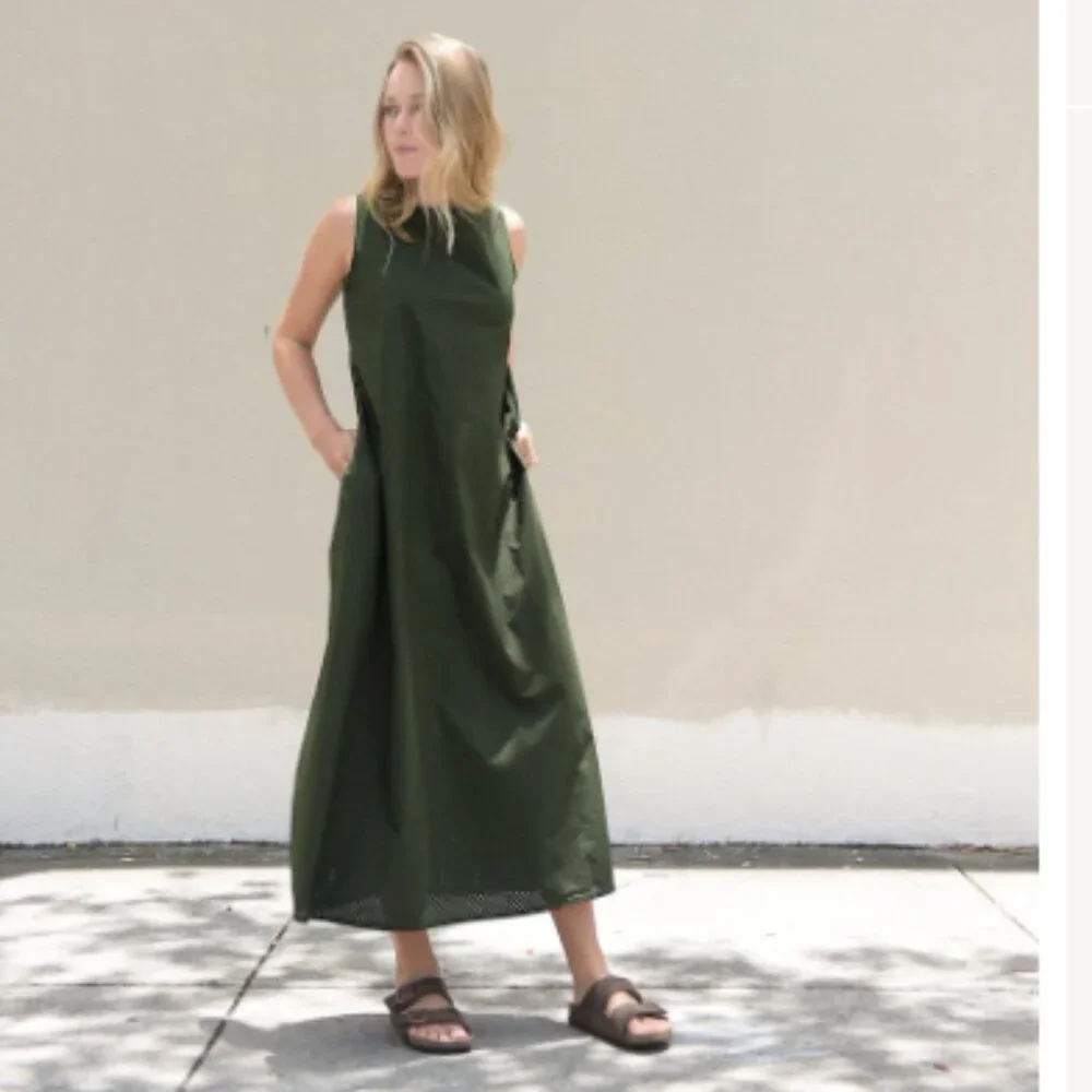 LABO.ART Abito Happy Dress Dark Olive Green Perforated Cotton Sleeveless Maxi - Picture 1 of 13